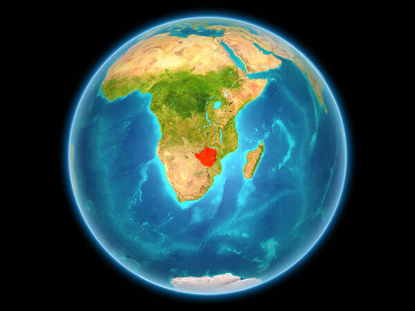 Zimbabwe in red on planet Earth as seen from space on full sphere. 3D illustration. Elements of this image furnished by NASA.