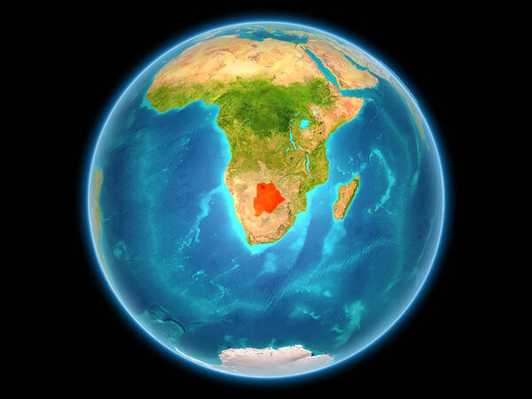 Botswana in red on planet Earth as seen from space on full sphere. 3D illustration. Elements of this image furnished by NASA.