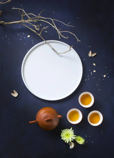 Festival de meados de outono bolo de lua comida e bebida ainda vida . — Fotografia de Stock