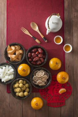 Çin yeni yılı gıda yat ve masa üstü iç.