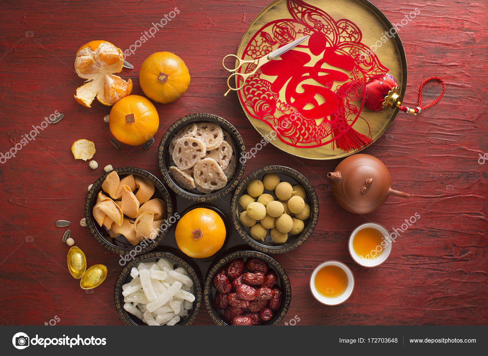 Flat Lay Chinese New Year Food And Drink On Table Top Stock Photo By C Twomeows Dp