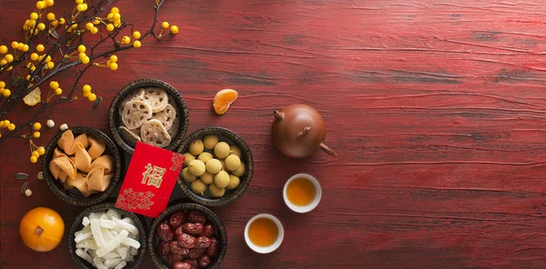 Flat Lay Comida Bebida Ano Novo Chinês Texto Aparece Imagem — Fotografia de Stock