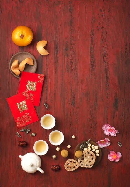 Flat Lay Comida Ano Novo Chinês Bebidas Itens Decoração Texto — Fotografia de Stock