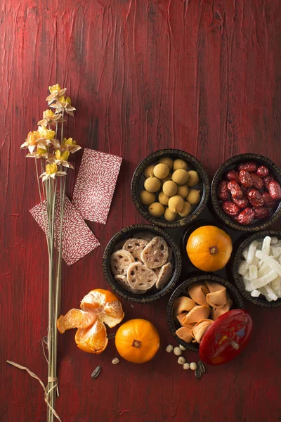 Plat Leggen Chinees Nieuwjaar Eten Drinken Decoratie Artikelen Tekst Wordt — Stockfoto