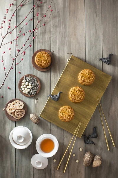 Flay Lay Mid Autumn Festival Food Drink Wooden Background — Stock Photo, Image