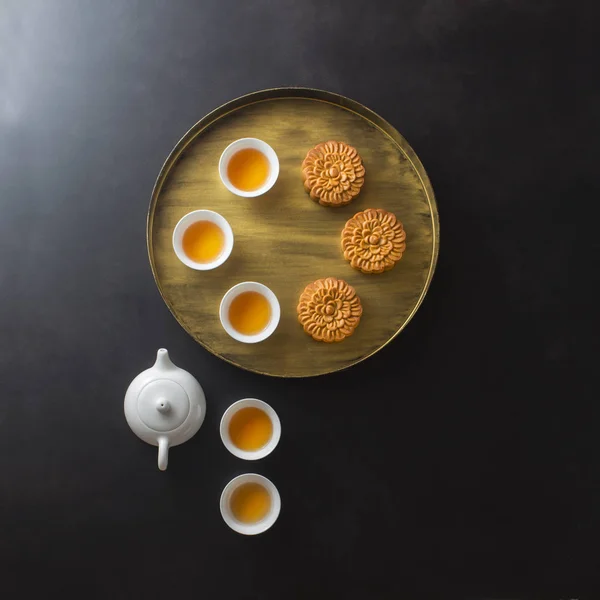 Flat Lag Chinese Stijl Afternoontea Zwarte Achtergrond — Stockfoto