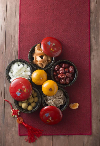 Flat Lay Comida Ano Novo Chinês Bebidas Itens Decoração Texto — Fotografia de Stock