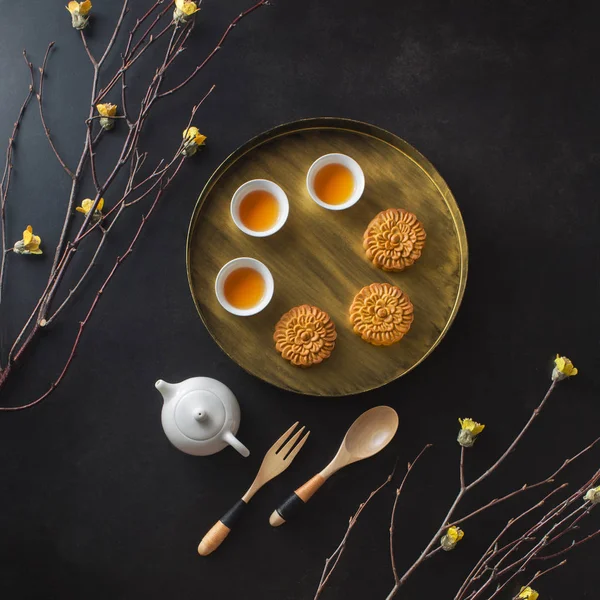 Flat Lag Chinese Stijl Afternoontea Zwarte Achtergrond — Stockfoto