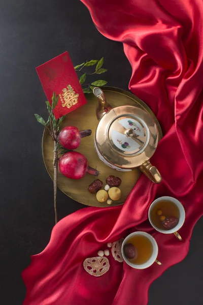 Επίπεδη Θέσει Κινεζικής Γαμήλια Τελετή Φαγητό Και Ποτό Και Διακοσμητικά — Φωτογραφία Αρχείου