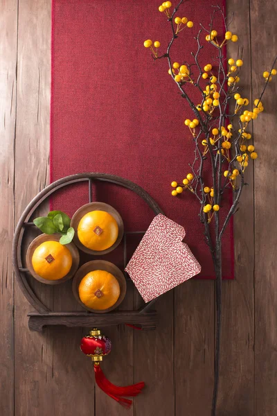 Flat Lay Comida Ano Novo Chinês Bebidas Itens Decoração Texto — Fotografia de Stock