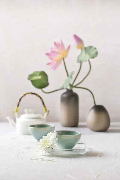 Chinese Tea Set White Table Top Decorative Items Selective Focus — Stock Photo, Image