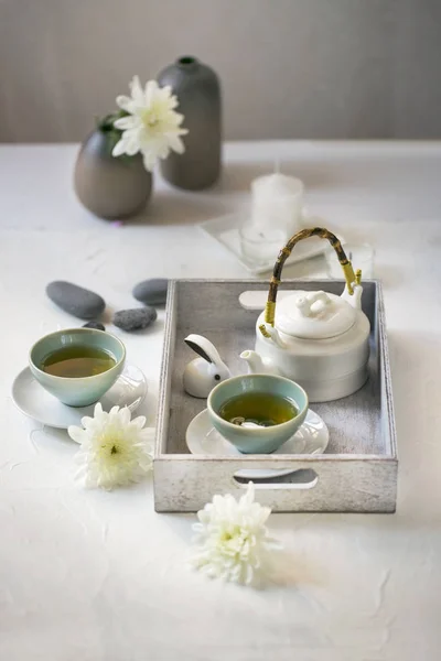 Afternoon Chinese Green Tea White Table Top — Stock Photo, Image