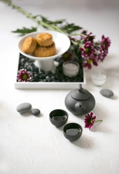 Kínai Tea Snack Fehér Asztal Tetején — Stock Fotó