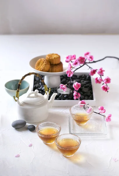 Afternoon Chinese Tea Snack White Table Top — Stock Photo, Image