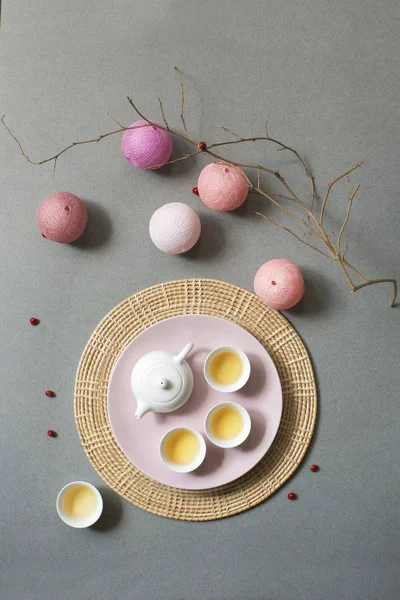 Flat Lay East Asian Tea Time Setting Still Life — Stock Photo, Image