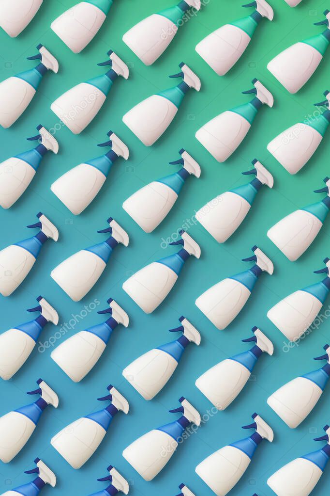 White spray bottles with blue top arrange in pattern with blue backgound