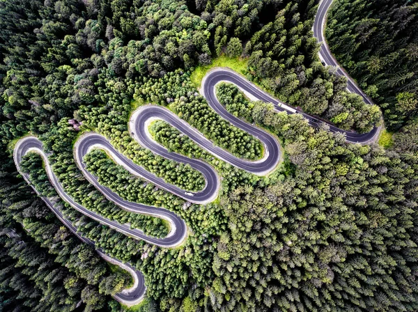 Dolambaçlı yol ormanın içinde. Transilvanya, Romanya, Avrupa. Kamyon