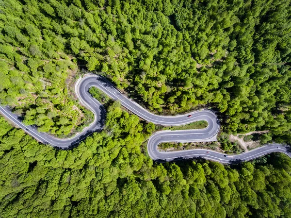 Dolambaçlı yol ormanın içinde. Transilvanya, Romanya, Avrupa. Arabalar 