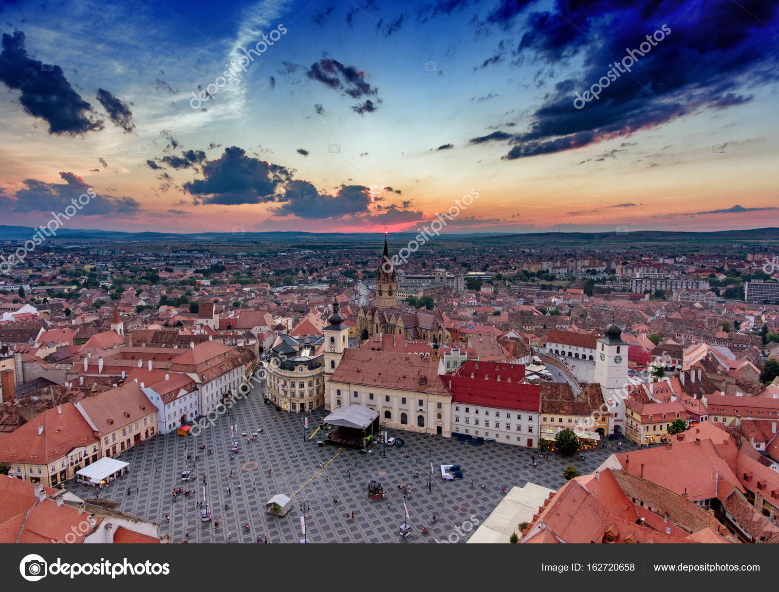 Christmas Market in Sibiu, Transylvania Romania. Beautifull sunset