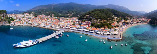 Parga aerial panorama from drone. Old village and harbour panora