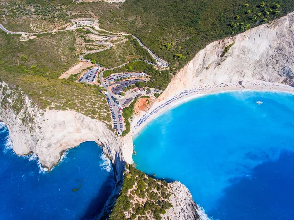 Porto Katsiki Lefkada Beach widziany z góry zdjęcie z lotu ptaka — Zdjęcie stockowe