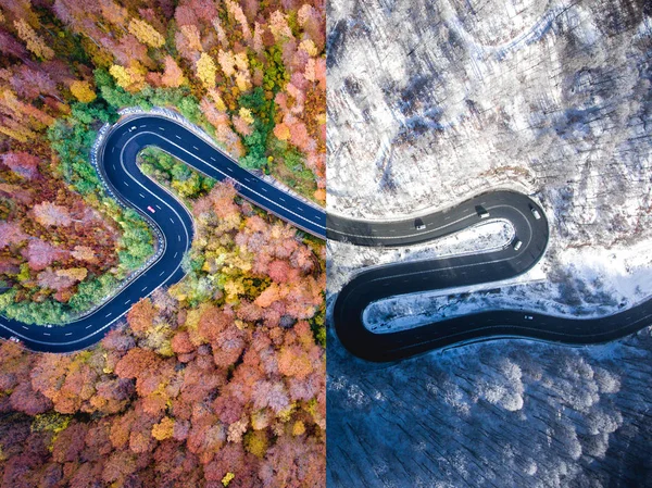 Estrada sinuosa outono vs. inverno. Vista aérea — Fotografia de Stock