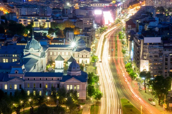 Bucharest by night. Aerial view of the city center University Sq — Stock Photo, Image