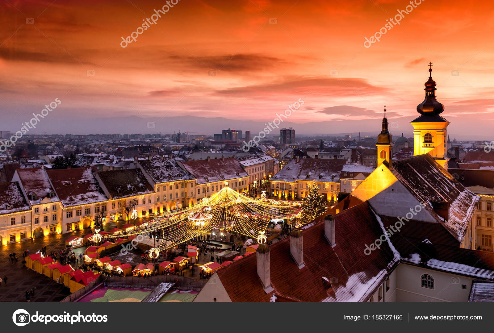 Panoramic view of Sibiu central square in Transylvania, Romania