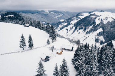 Romanya 'nın geleneksel Moeciu de Jos köyünde kış mevsimi, Bran, Transilvanya