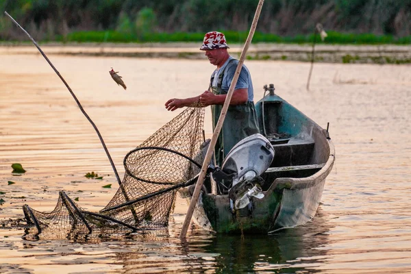 Rumänien Danube Delta August 2019 Nettokontrollen Donaudelta Frühmorgens Nach Sonnenaufgang — Stockfoto