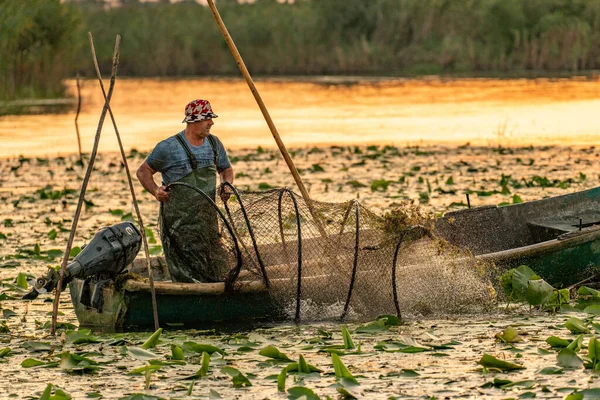 Romania Danube Delta August 2019 Мережева Риболовля Дельті Дунаю — стокове фото
