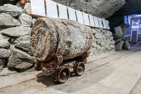 ルーマニアのカチカ塩鉱山内の塩で覆われた樽 — ストック写真