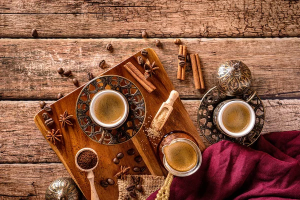 Top View Coffee Cups Beans Spices Wood Coffee Table Stock Image