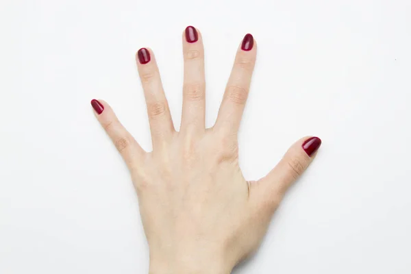 Mãos com manicure vermelho sobre fundo branco — Fotografia de Stock