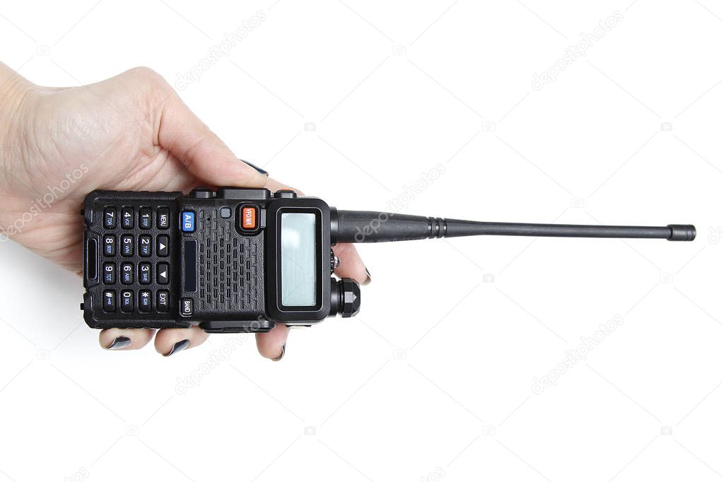 Handheld walkie talkie on a white background