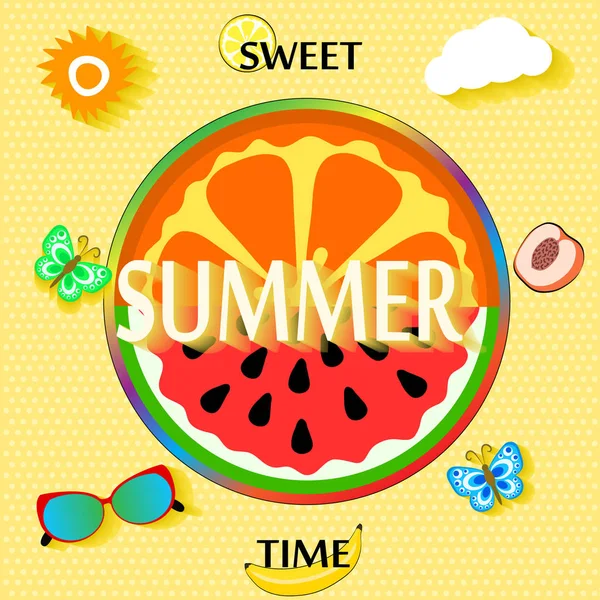 Літній фон з фруктовими скибочками, метеликом, окулярами, сонцем і — стоковий вектор