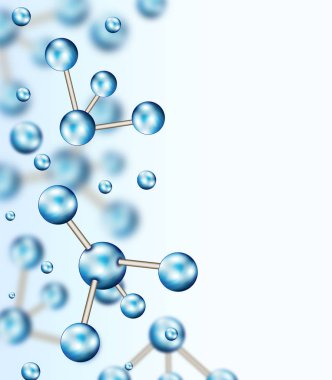 Molekülleri tasarlamak. Atomlar. Başlık sayfası veya el ilanı için tıbbi geçmişi. Mavi küresel parçacıkları ile moleküler yapısı.