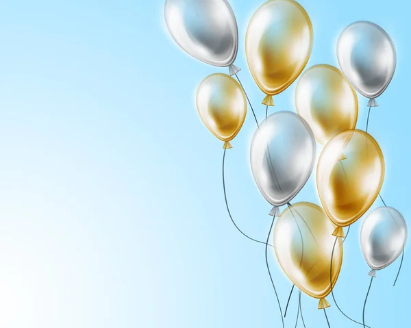 Fondo Vacaciones Con Globos Voladores Oro Plata Cielo Azul —  Fotos de Stock