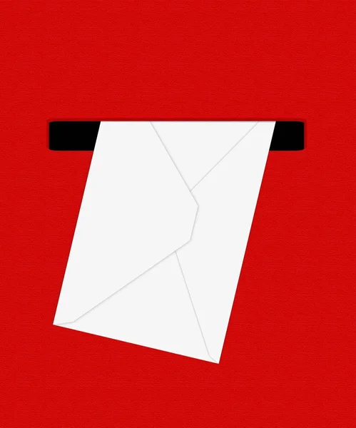 Weißer Umschlag im roten Briefkasten in extremer Nahaufnahme. 3D-Illustration — Stockfoto