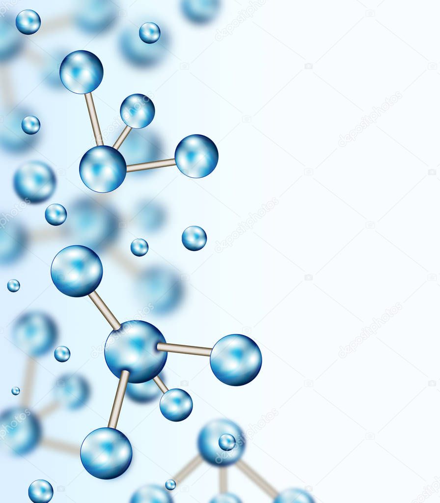 Abstract molecules design. Atoms. Medical background for banner or flyer. Molecular structure with blue spherical particles.