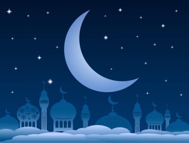 Ramazan kareem Camii ve ayda gece gökyüzü ile arka plan. VEC