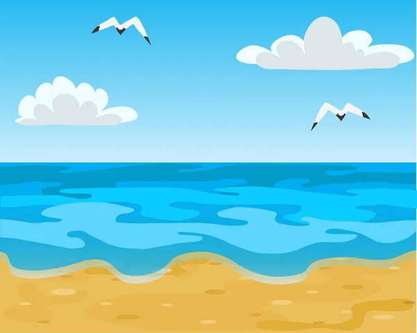 Oceaan golven, strand en blauwe hemel met witte wolken. Vector Illust — Stockvector