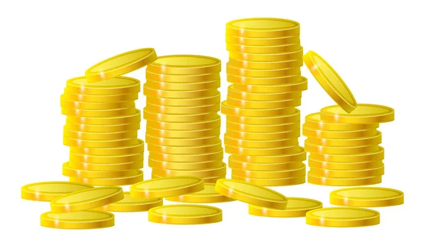 Zlaté mince v hotovosti peníze ve sloupci izolované na bílém. Vektorové ilustrace — Stockový vektor