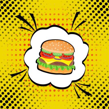 Hamburger pop sanat illüstrasyon vektör el çekilmiş. Fast food. 