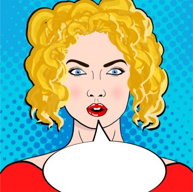 Wow pop art female face. Sexy surprised young woman with open mo clipart