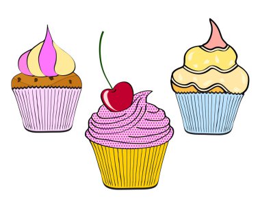 Beyaz arka planda, pop art comic stili vect çizilmiş cupcake el