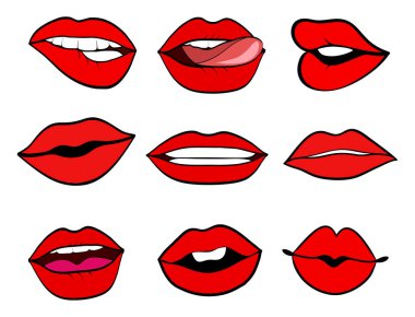 Kadının dudakları pop sanat retro vektör tarzı ayarlayın. Ağızla öpüşülüyor, sm