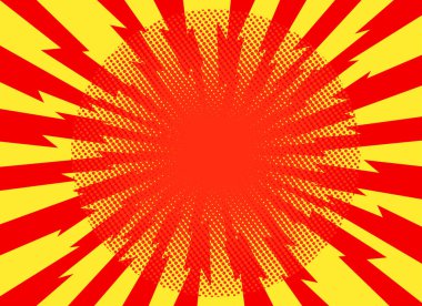 Kırmızı Sarı pop sanat retro arka plan çizgi film yıldırım patlama radi