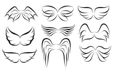 Elle çizilmiş kanatları logo koymak. Vektör kanatlı doodle simgeler. Lo set