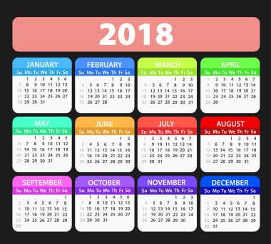 Yıl 2018 takvim vektör şablon, hisse senedi illüstrasyon